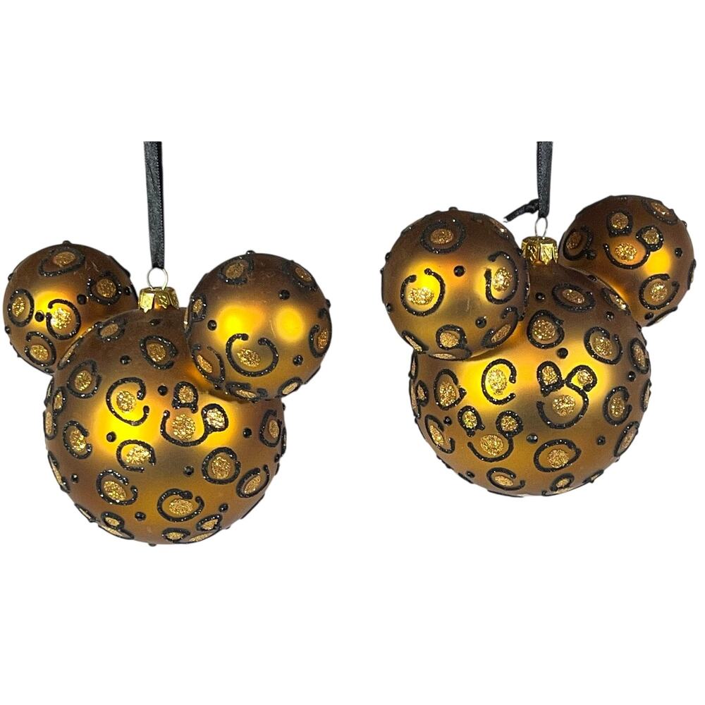 Disney Parks Mickey Mouse Icon Ornament Leopard Cheetah Print Gold Glitter 2pc